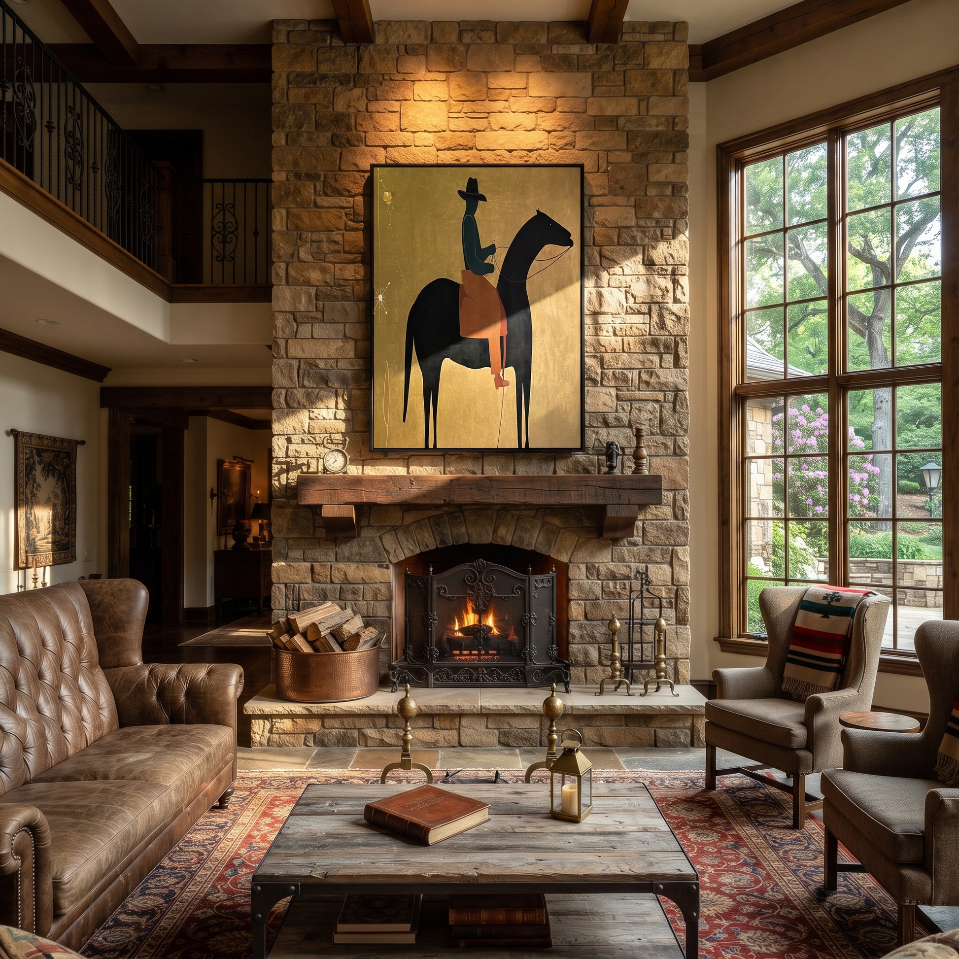 Long Mane Wait beneath the Stars - horse and rider painting by Isabelle Laurent, modern Western vertical wall art – styled room scene view 5