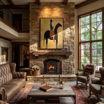 Long Mane Wait beneath the Stars - horse and rider painting by Isabelle Laurent, modern Western vertical wall art – styled room scene view 5