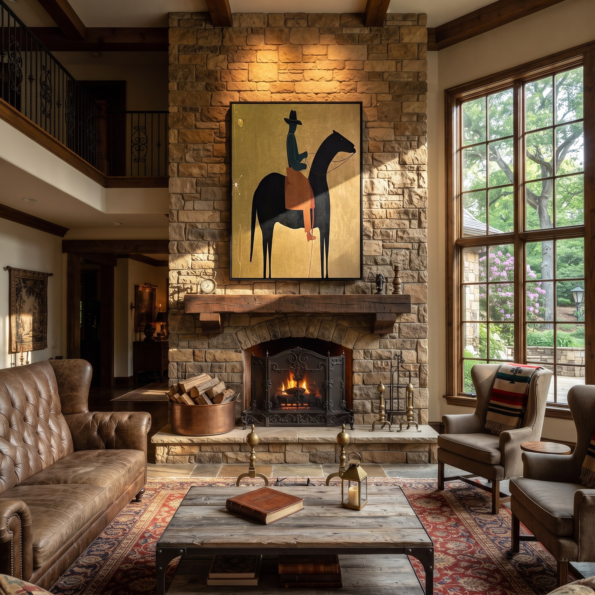 Long Mane Wait beneath the Stars - horse and rider painting by Isabelle Laurent, modern Western vertical wall art – styled room scene view 5