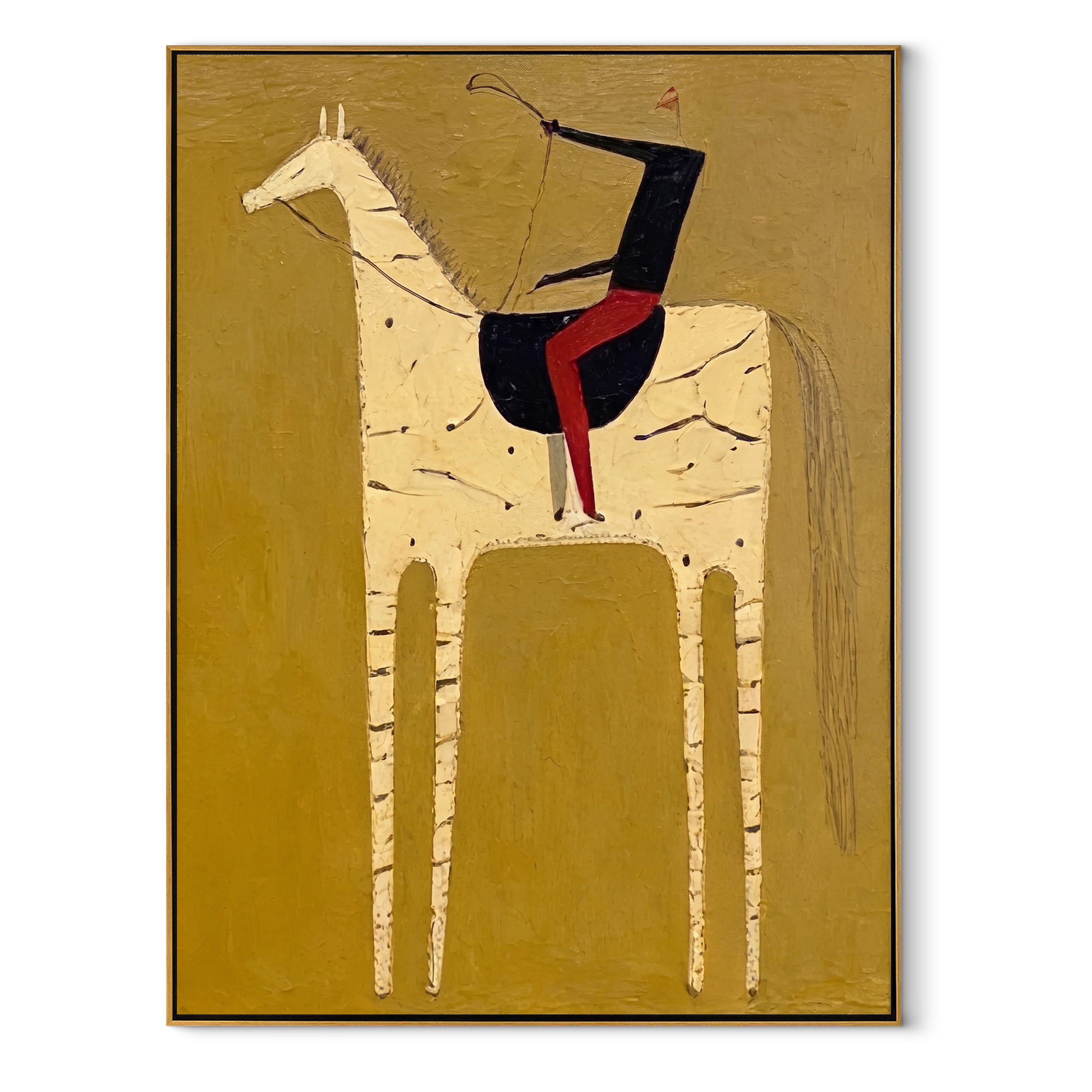 Western Stars Wait beneath the Stars - symbolic horse and rider painting by Isabelle Laurent, modern Western vertical wall art – wood frame on white background