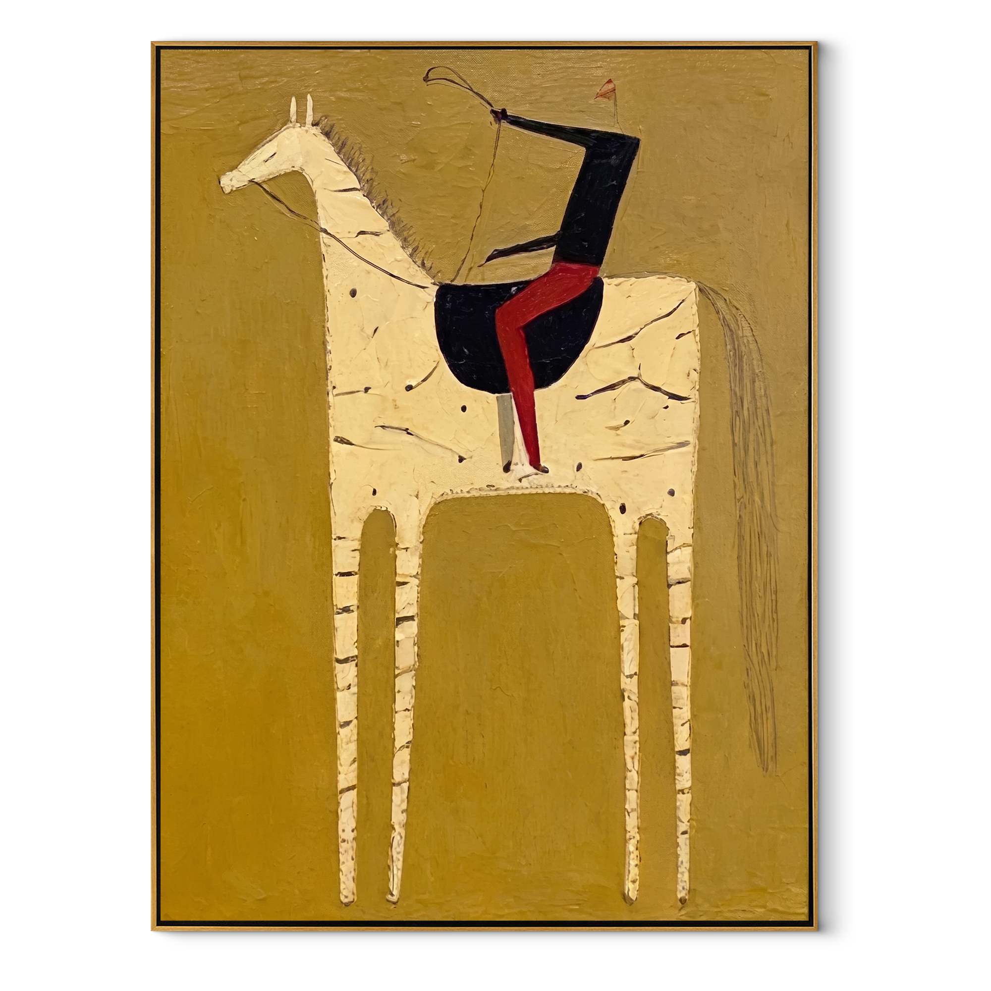 Western Stars Wait beneath the Stars - symbolic horse and rider painting by Isabelle Laurent, modern Western vertical wall art – wood frame on white background