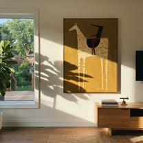 Western Stars Wait beneath the Stars - symbolic horse and rider painting by Isabelle Laurent, modern Western vertical wall art – styled room scene view 2