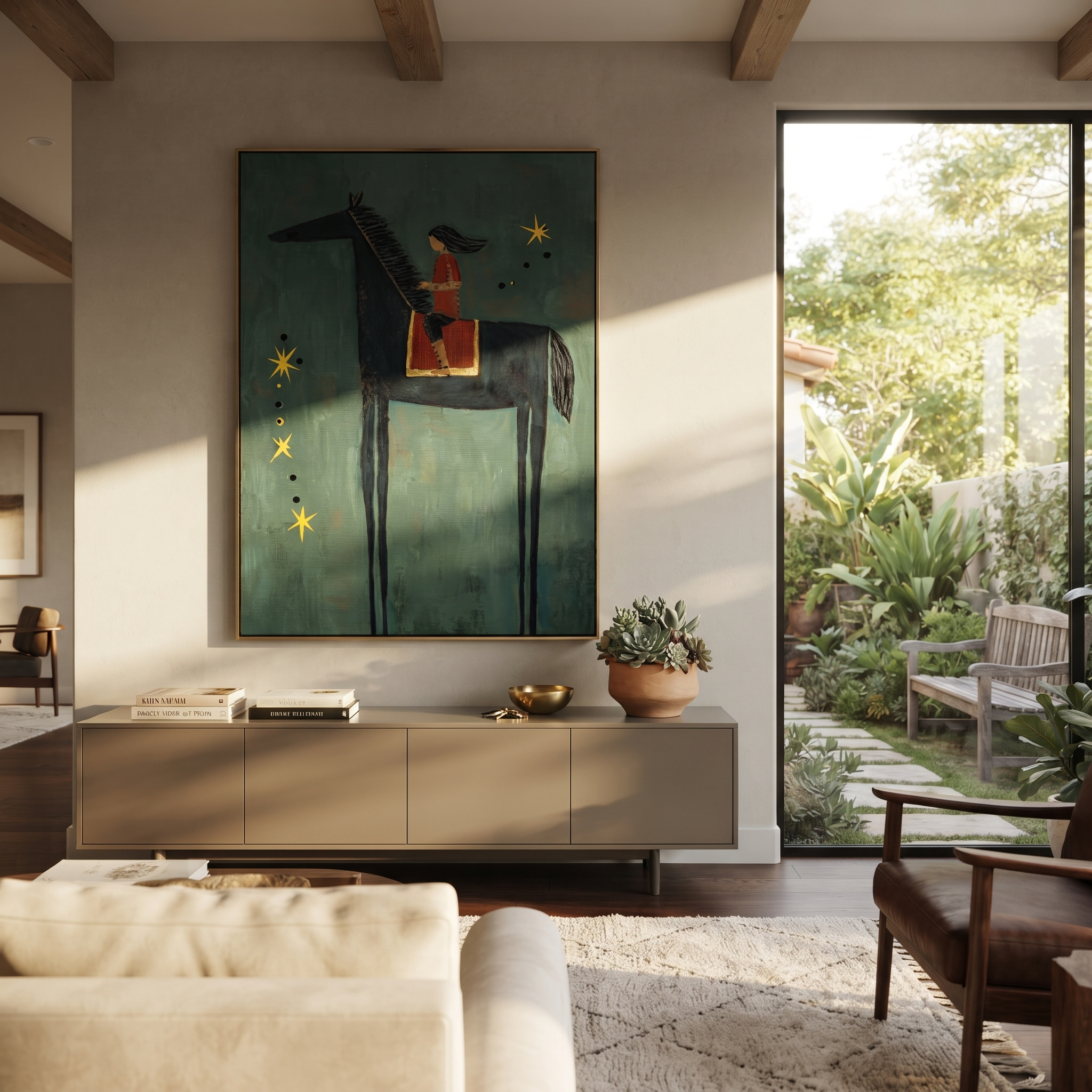 Gentle Strength Wait beneath the Stars - horse and rider painting by Isabelle Laurent, modern Western vertical wall art – styled room scene view 1