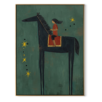 Gentle Strength Wait beneath the Stars - horse and rider painting by Isabelle Laurent, modern Western vertical wall art – wood frame on white background