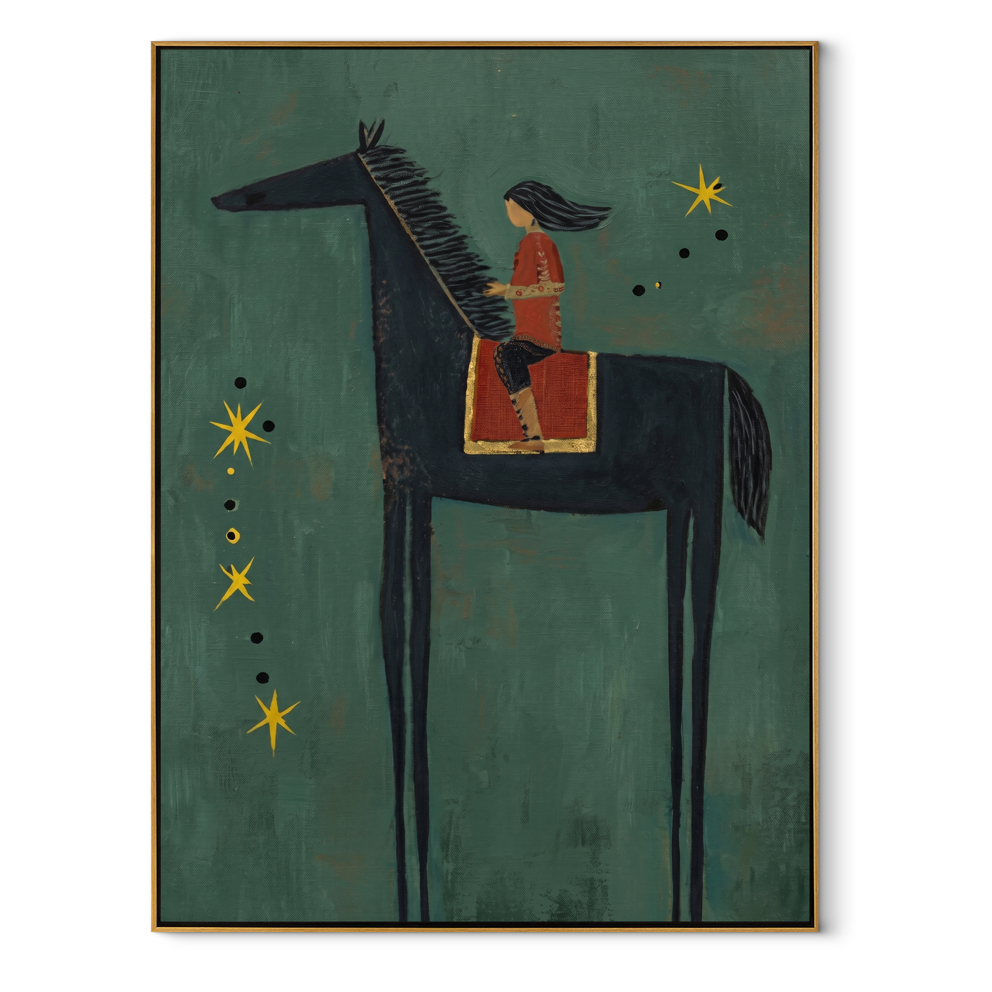 Gentle Strength Wait beneath the Stars - horse and rider painting by Isabelle Laurent, modern Western vertical wall art – wood frame on white background