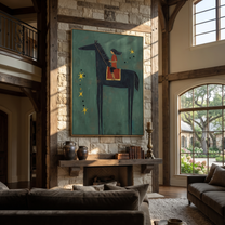 Gentle Strength Wait beneath the Stars - horse and rider painting by Isabelle Laurent, modern Western vertical wall art – styled room scene view 2