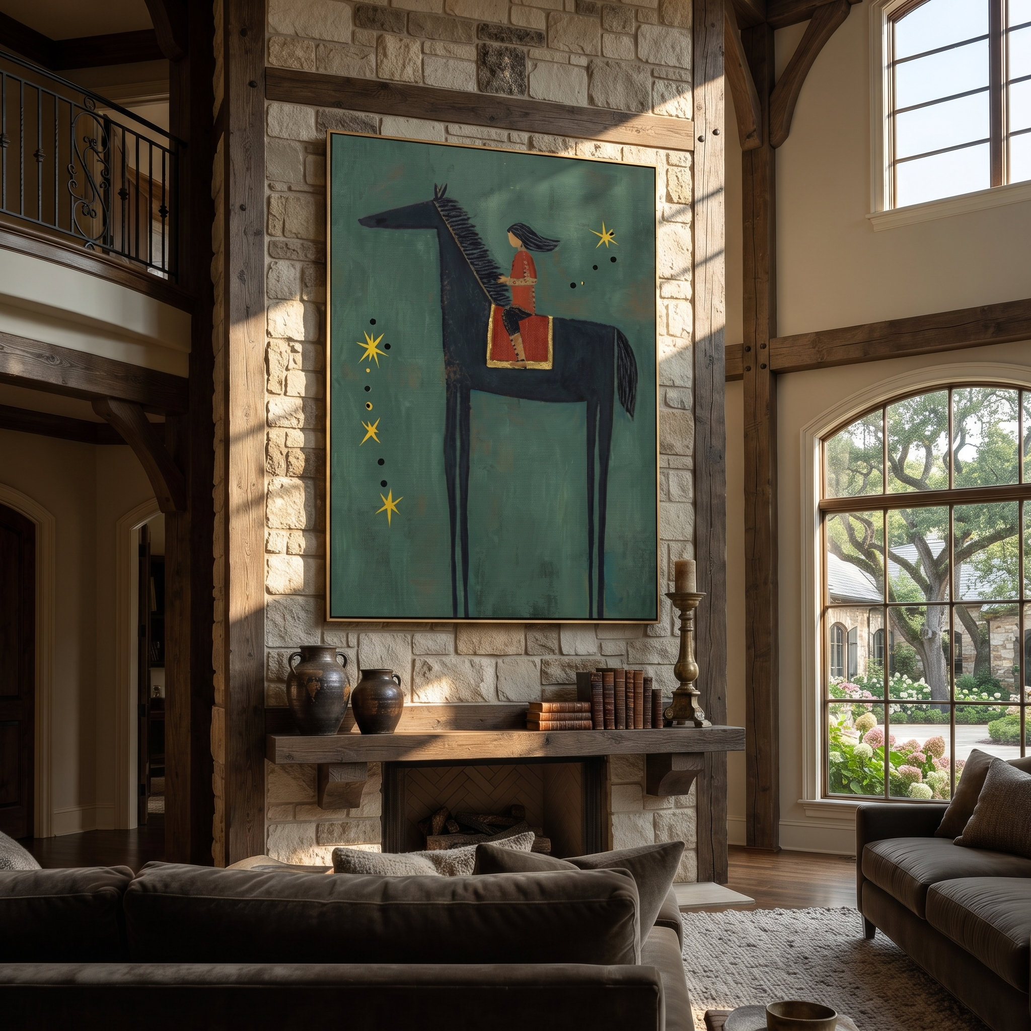 Gentle Strength Wait beneath the Stars - horse and rider painting by Isabelle Laurent, modern Western vertical wall art – styled room scene view 2
