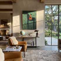 Gentle Strength Wait beneath the Stars - horse and rider painting by Isabelle Laurent, modern Western vertical wall art – styled room scene view 3