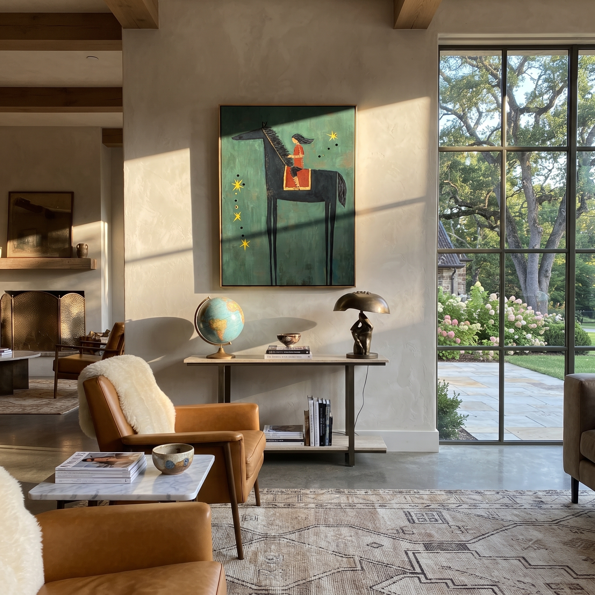 Gentle Strength Wait beneath the Stars - horse and rider painting by Isabelle Laurent, modern Western vertical wall art – styled room scene view 3