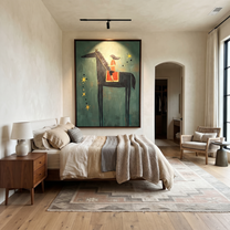 Gentle Strength Wait beneath the Stars - horse and rider painting by Isabelle Laurent, modern Western vertical wall art – styled room scene view 4