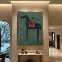Gentle Strength Wait beneath the Stars - horse and rider painting by Isabelle Laurent, modern Western vertical wall art – styled room scene view 5