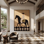 Moonlit Horse Wait beneath the Stars - horse and rider painting by Isabelle Laurent, modern Western vertical wall art – styled room scene view 1