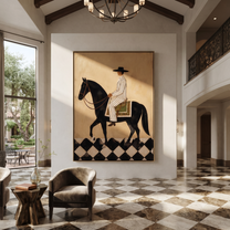 Moonlit Horse Wait beneath the Stars - horse and rider painting by Isabelle Laurent, modern Western vertical wall art – styled room scene view 1