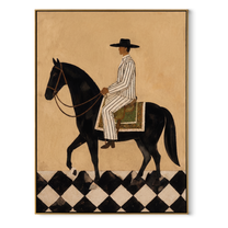 Moonlit Horse Wait beneath the Stars - horse and rider painting by Isabelle Laurent, modern Western vertical wall art – wood frame on white background