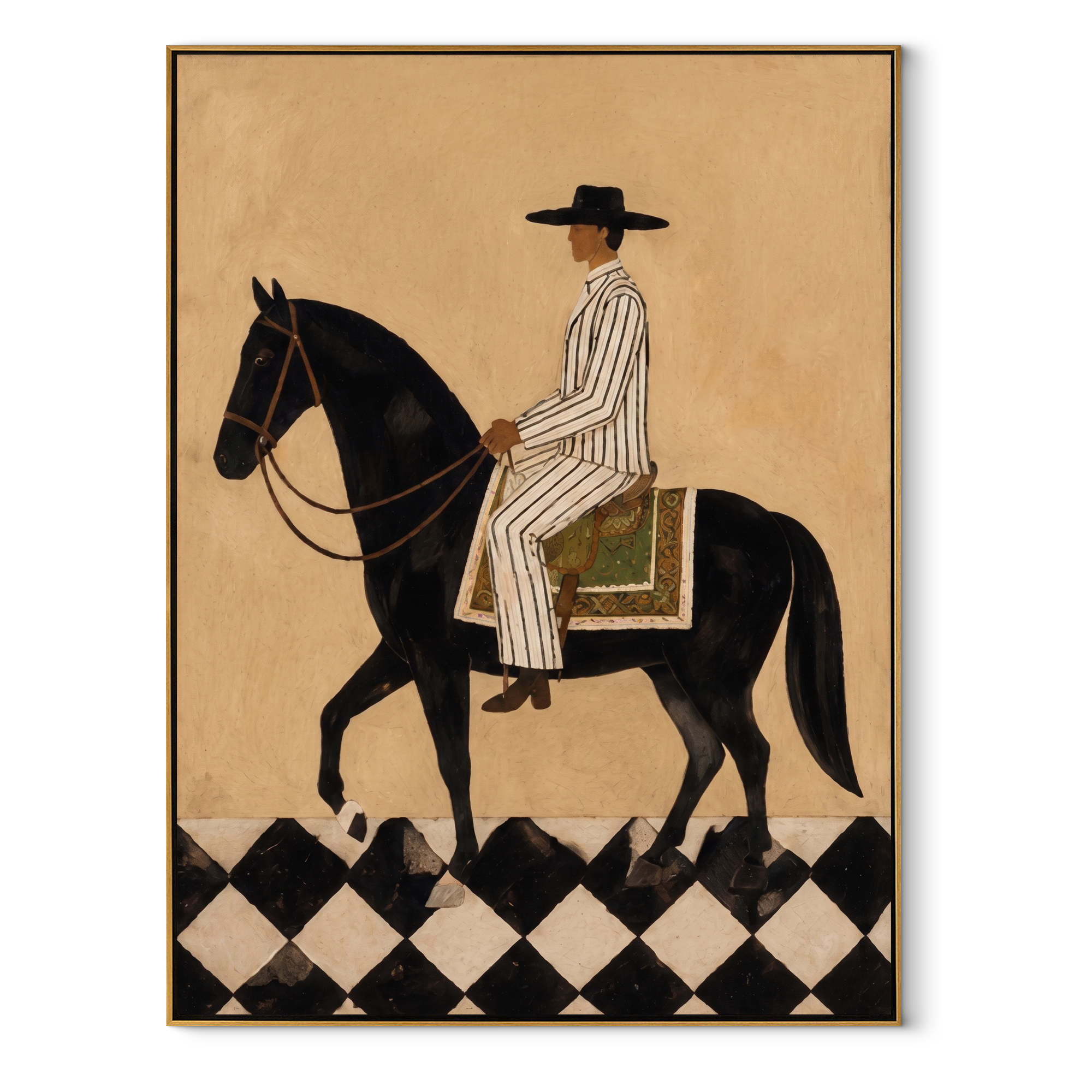 Moonlit Horse Wait beneath the Stars - horse and rider painting by Isabelle Laurent, modern Western vertical wall art – wood frame on white background