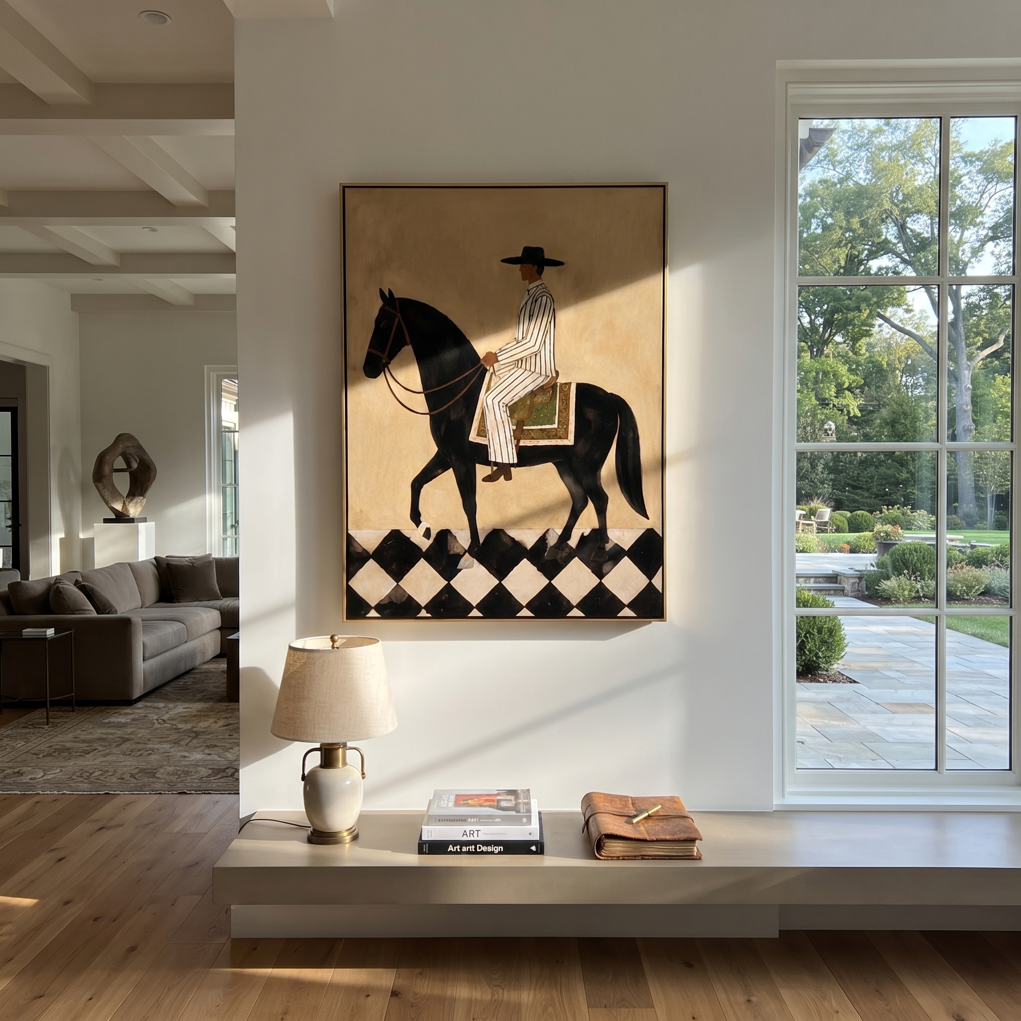 Moonlit Horse Wait beneath the Stars - horse and rider painting by Isabelle Laurent, modern Western vertical wall art – styled room scene view 2