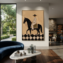 Moonlit Horse Wait beneath the Stars - horse and rider painting by Isabelle Laurent, modern Western vertical wall art – styled room scene view 3