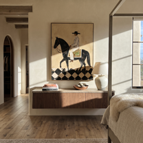 Moonlit Horse Wait beneath the Stars - horse and rider painting by Isabelle Laurent, modern Western vertical wall art – styled room scene view 4