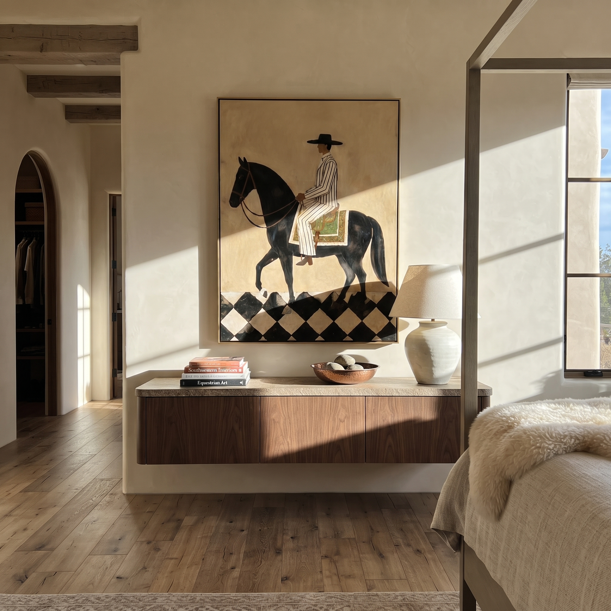 Moonlit Horse Wait beneath the Stars - horse and rider painting by Isabelle Laurent, modern Western vertical wall art – styled room scene view 4