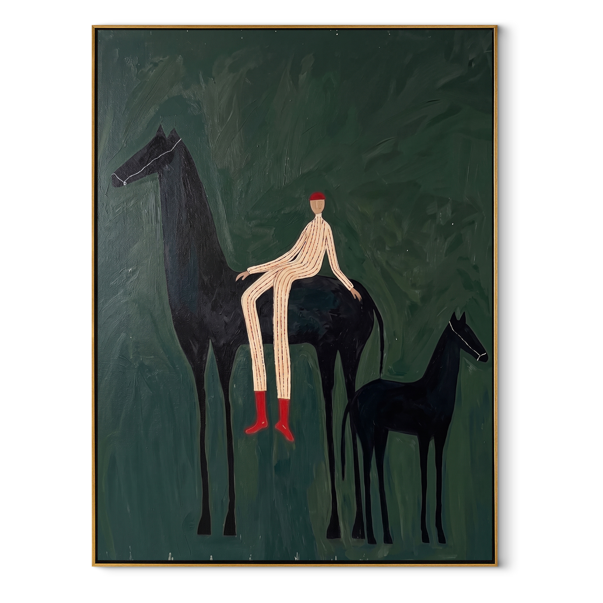 Wild Grace Wait beneath the Stars - horse and rider painting by Isabelle Laurent, modern Western vertical wall art – wood frame on white background