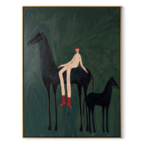 Wild Grace Wait beneath the Stars - horse and rider painting by Isabelle Laurent, modern Western vertical wall art – wood frame on white background