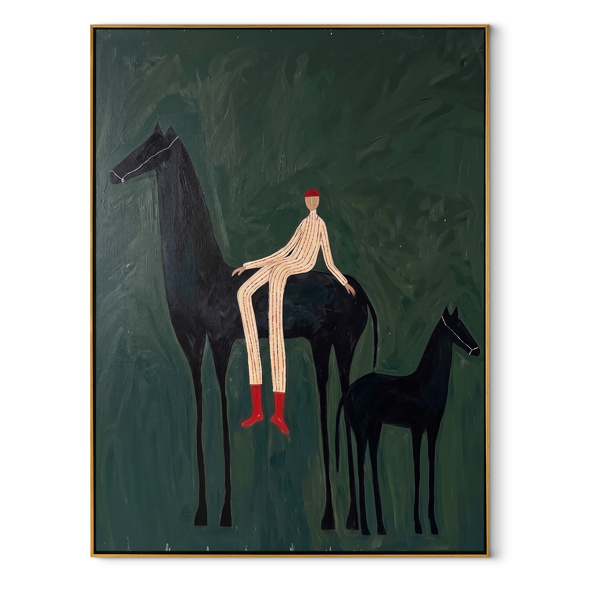 Wild Grace Wait beneath the Stars - horse and rider painting by Isabelle Laurent, modern Western vertical wall art – wood frame on white background