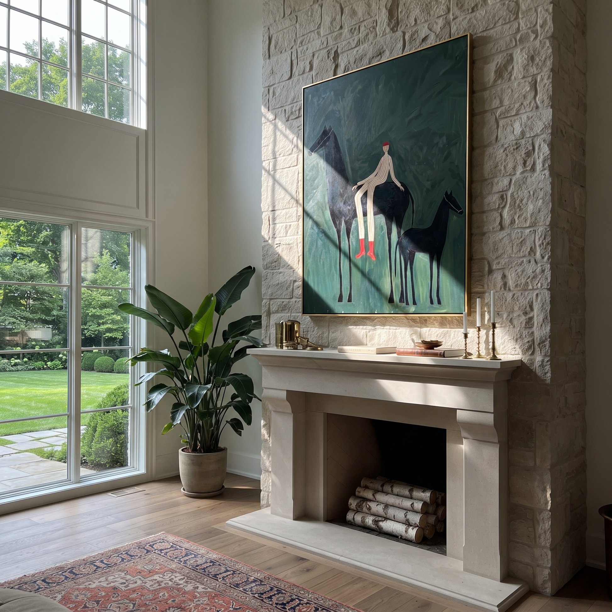 Wild Grace Wait beneath the Stars - horse and rider painting by Isabelle Laurent, modern Western vertical wall art – styled room scene view 2