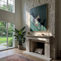 Wild Grace Wait beneath the Stars - horse and rider painting by Isabelle Laurent, modern Western vertical wall art – styled room scene view 2