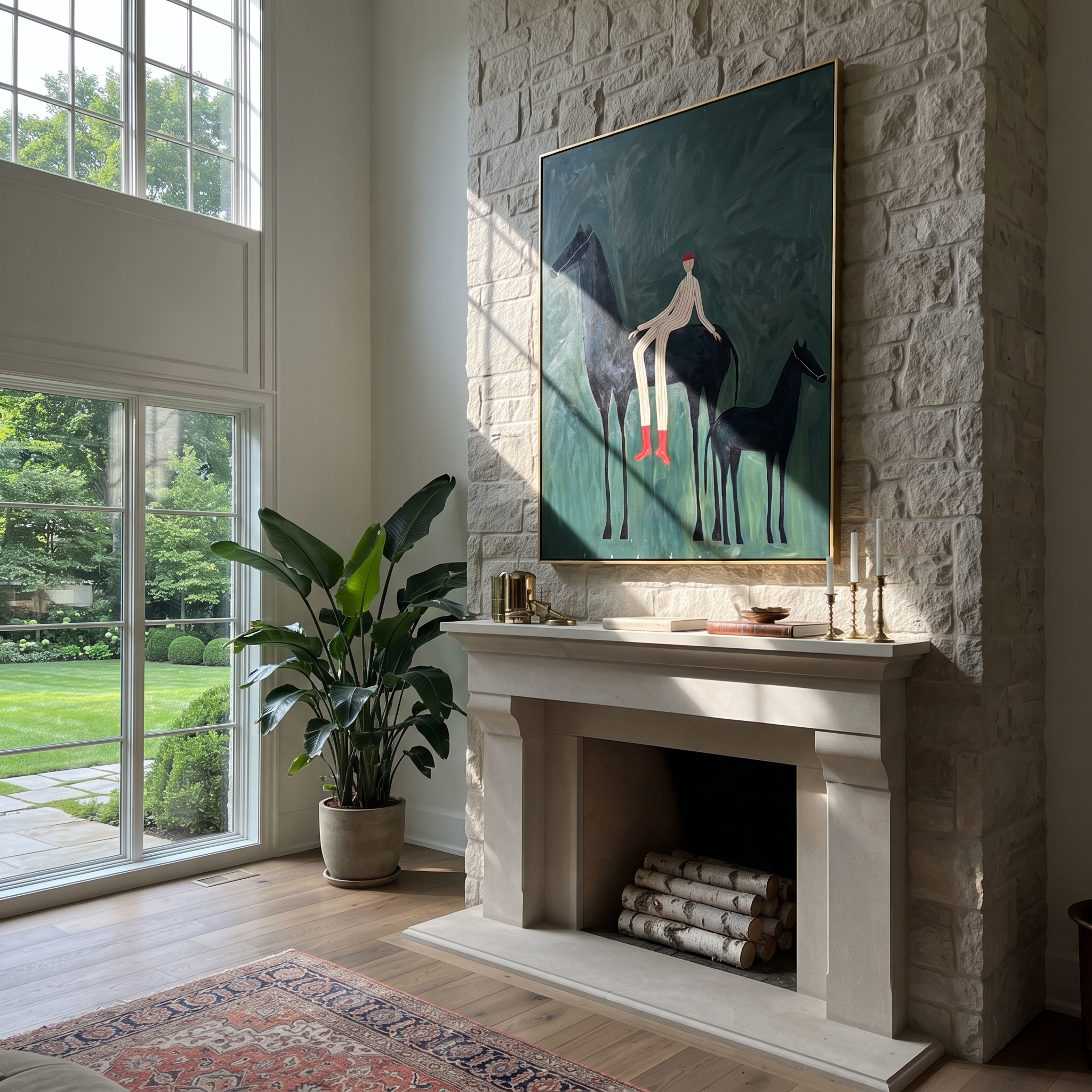 Wild Grace Wait beneath the Stars - horse and rider painting by Isabelle Laurent, modern Western vertical wall art – styled room scene view 2