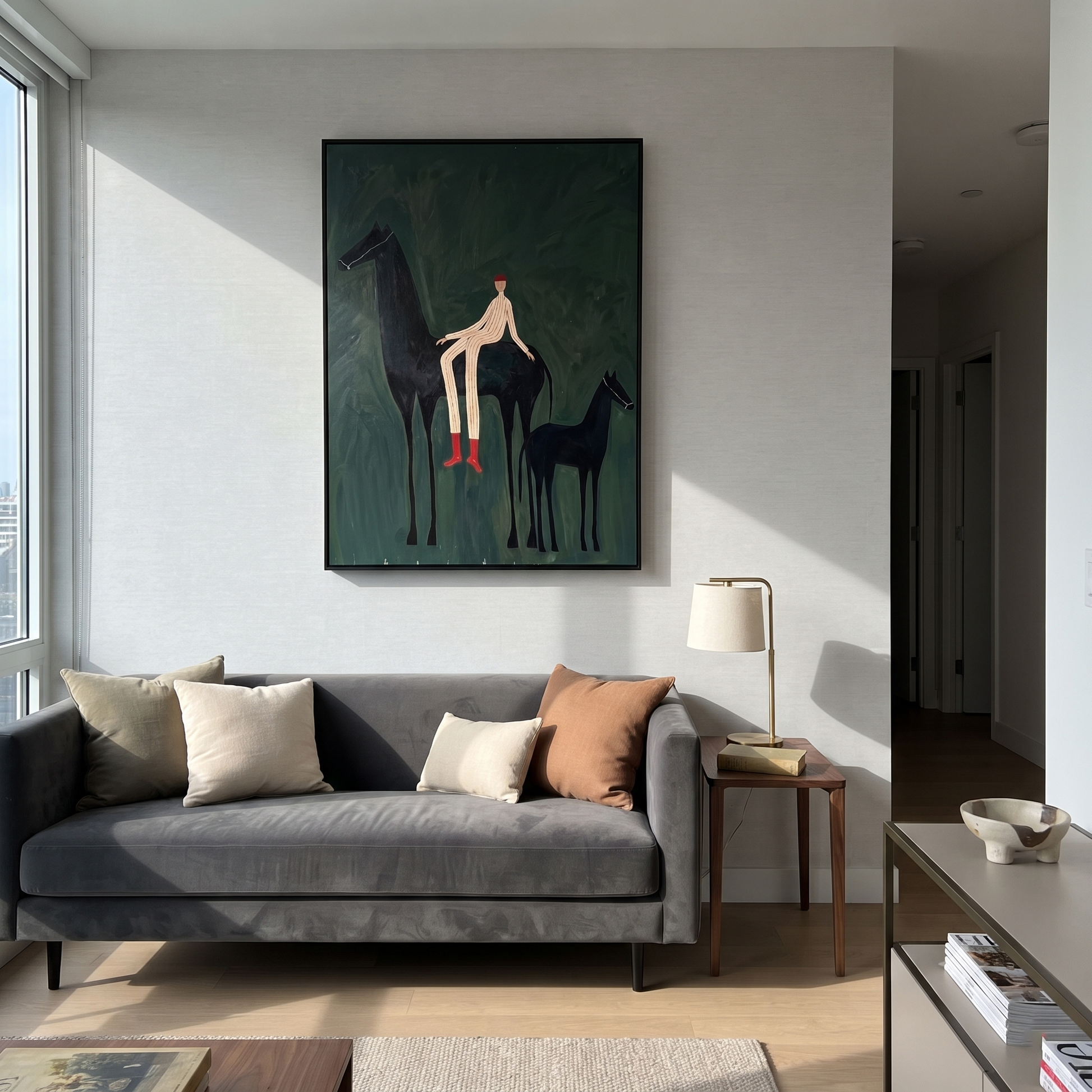 Wild Grace Wait beneath the Stars - horse and rider painting by Isabelle Laurent, modern Western vertical wall art – styled room scene view 3
