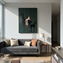 Wild Grace Wait beneath the Stars - horse and rider painting by Isabelle Laurent, modern Western vertical wall art – styled room scene view 3