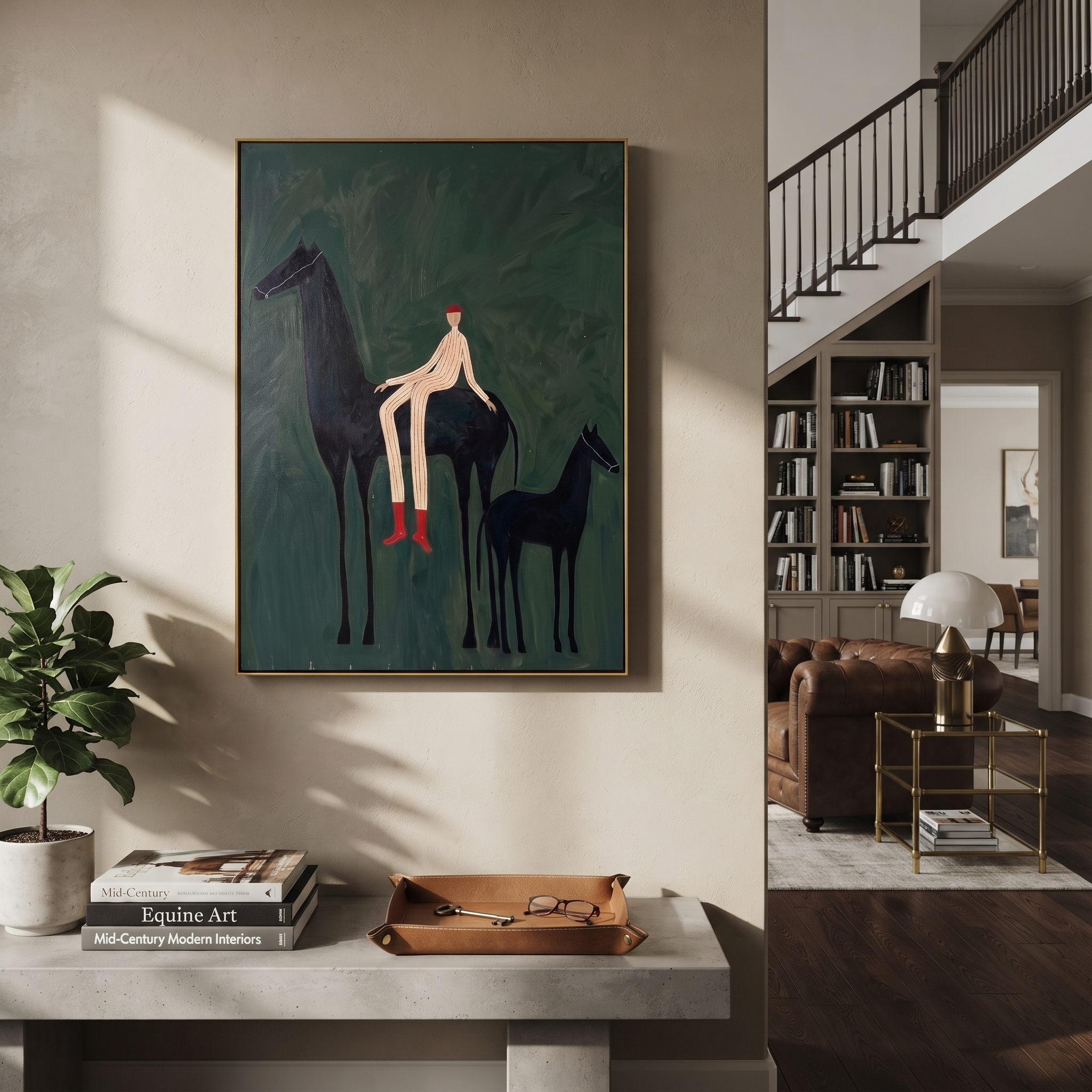 Wild Grace Wait beneath the Stars - horse and rider painting by Isabelle Laurent, modern Western vertical wall art – styled room scene view 4