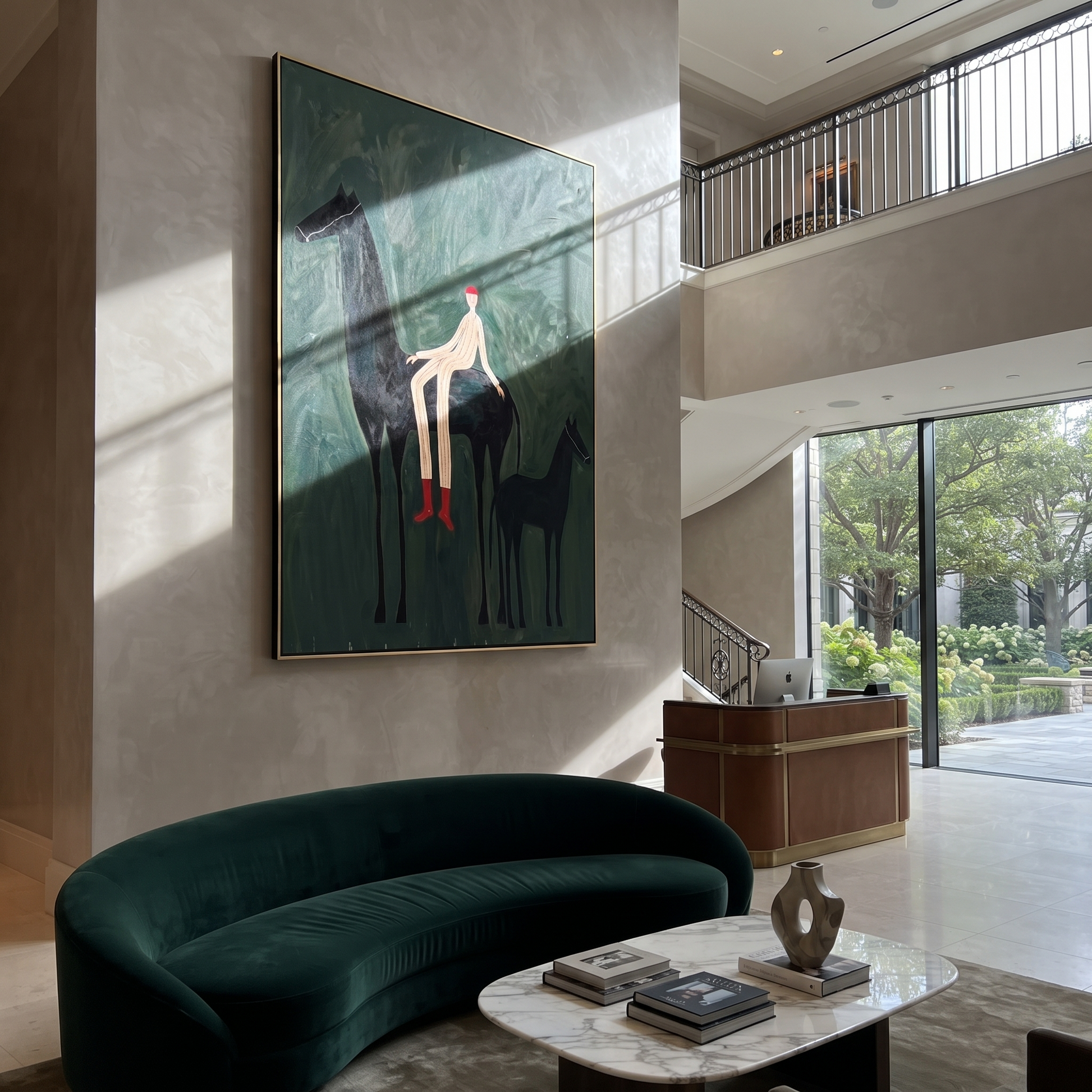 Wild Grace Wait beneath the Stars - horse and rider painting by Isabelle Laurent, modern Western vertical wall art – styled room scene view 5
