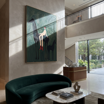 Wild Grace Wait beneath the Stars - horse and rider painting by Isabelle Laurent, modern Western vertical wall art – styled room scene view 5