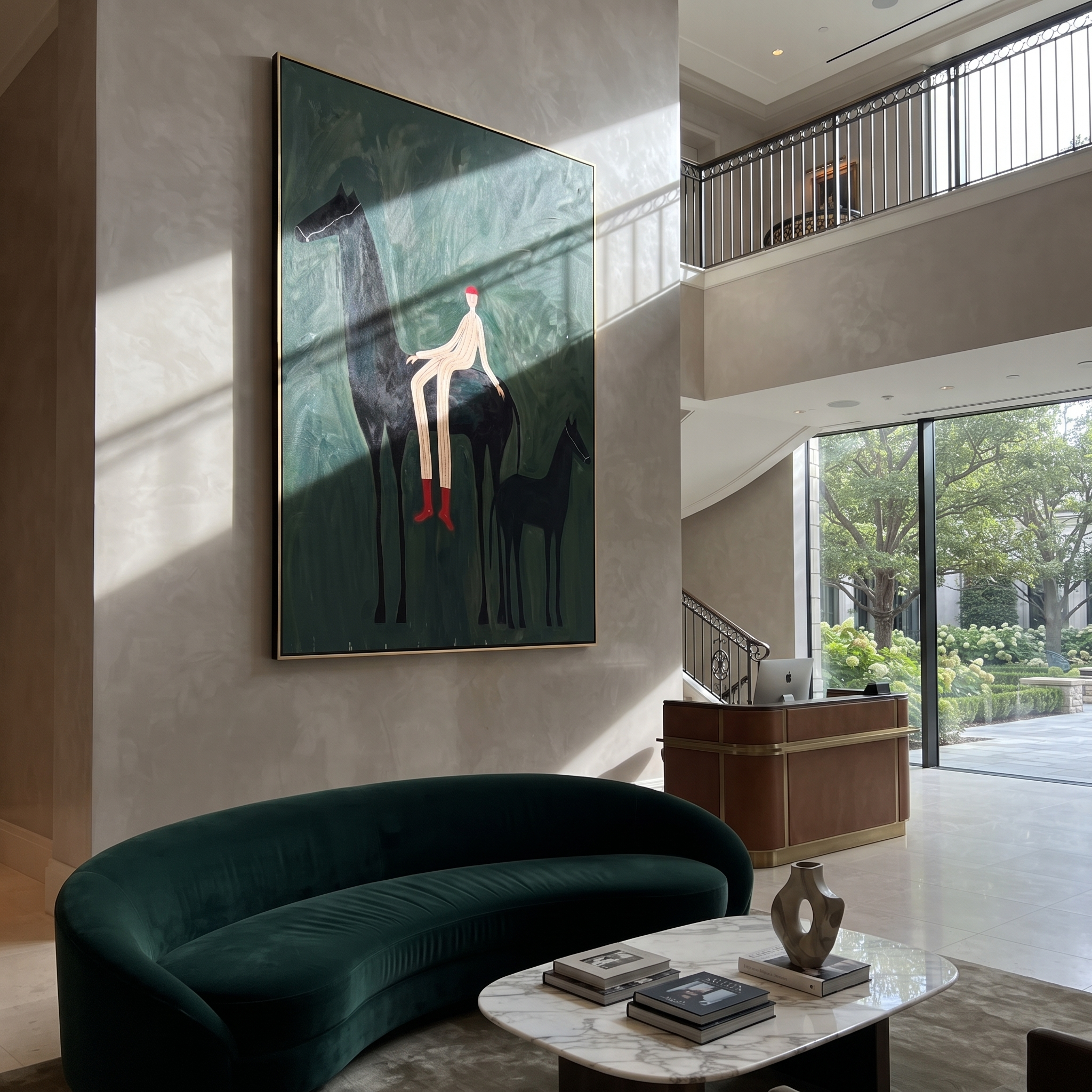 Wild Grace Wait beneath the Stars - horse and rider painting by Isabelle Laurent, modern Western vertical wall art – styled room scene view 5