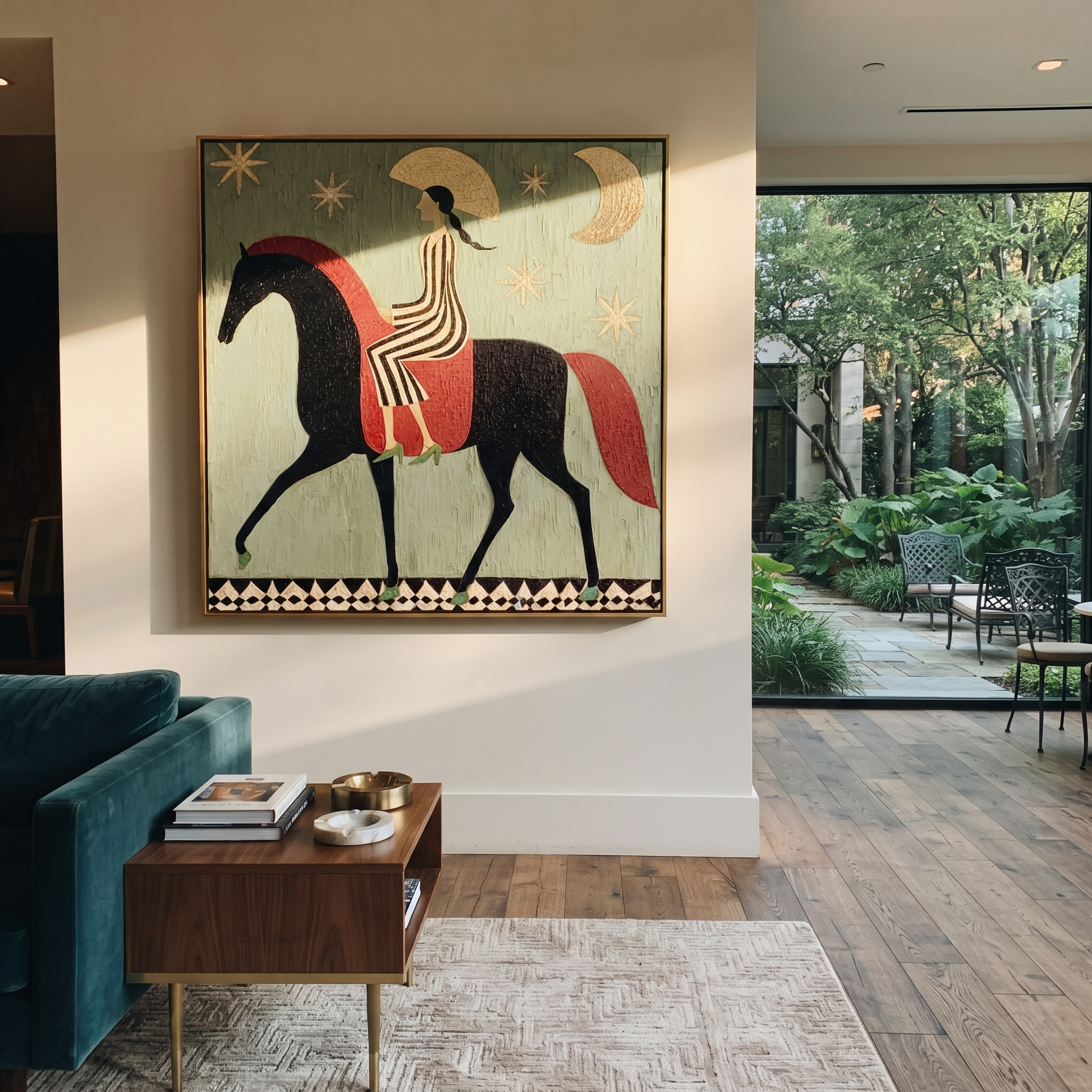 Sage Horizon Wait beneath the Stars - horse and rider painting by Isabelle Laurent, modern Western square wall art – styled room scene view 1
