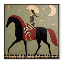 Sage Horizon Wait beneath the Stars - horse and rider painting by Isabelle Laurent, modern Western square wall art – wood frame on white background