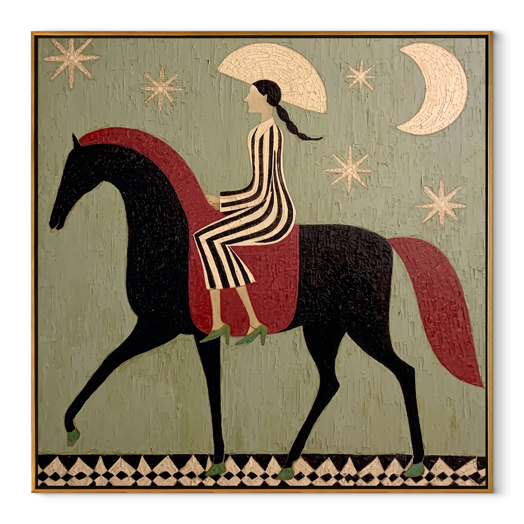 Sage Horizon Wait beneath the Stars - horse and rider painting by Isabelle Laurent, modern Western square wall art – wood frame on white background