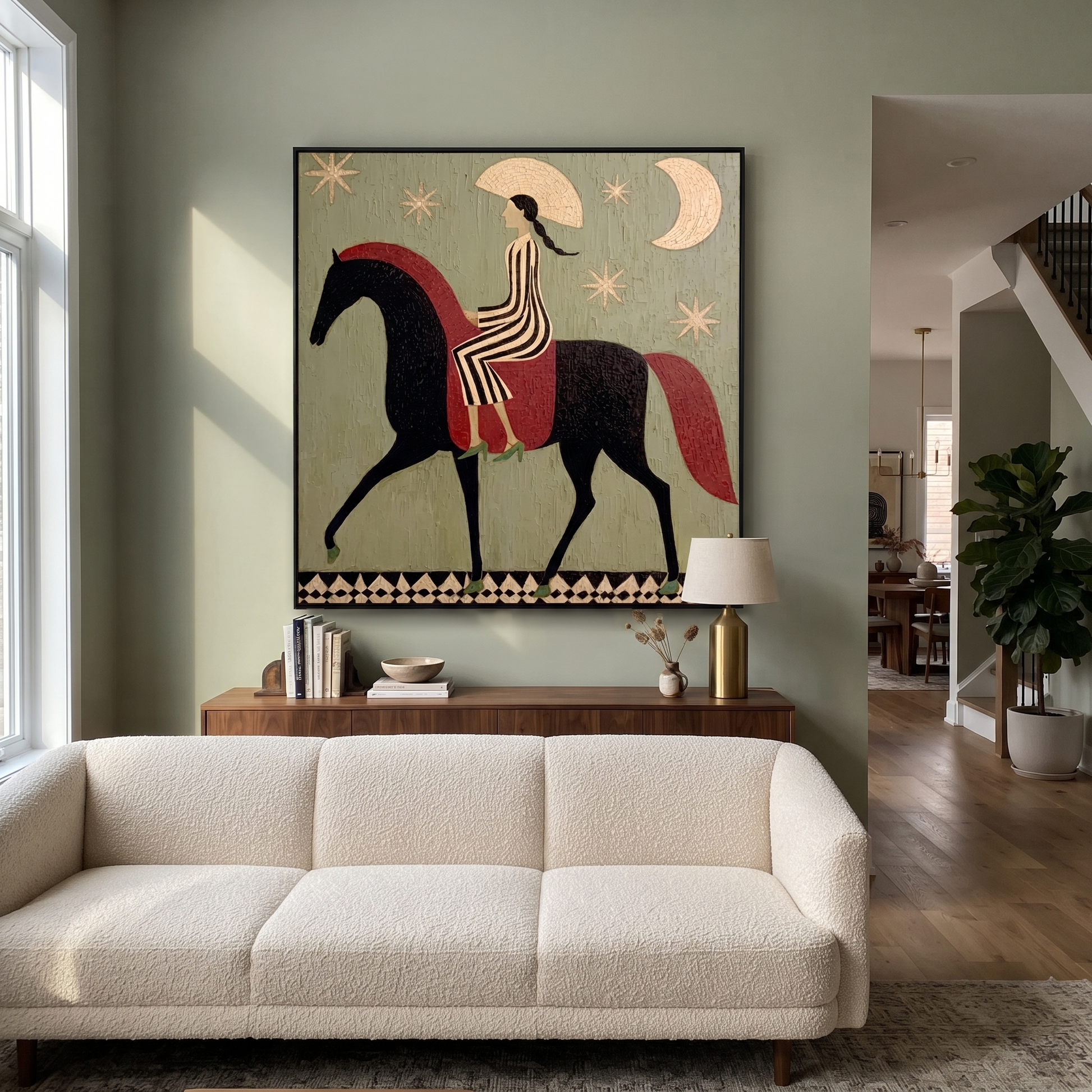 Sage Horizon Wait beneath the Stars - horse and rider painting by Isabelle Laurent, modern Western square wall art – styled room scene view 2