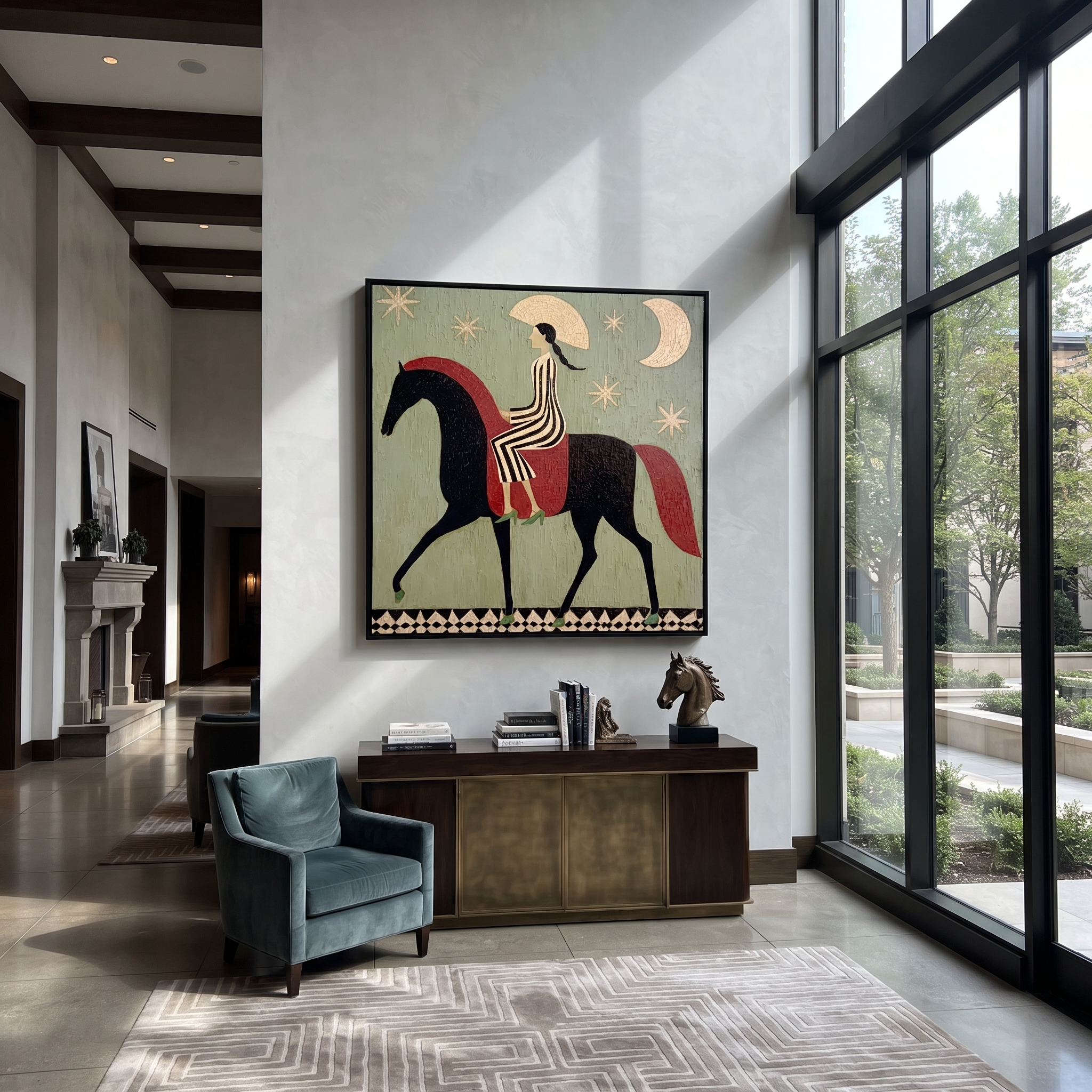 Sage Horizon Wait beneath the Stars - horse and rider painting by Isabelle Laurent, modern Western square wall art – styled room scene view 3