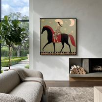 Sage Horizon Wait beneath the Stars - horse and rider painting by Isabelle Laurent, modern Western square wall art – styled room scene view 4
