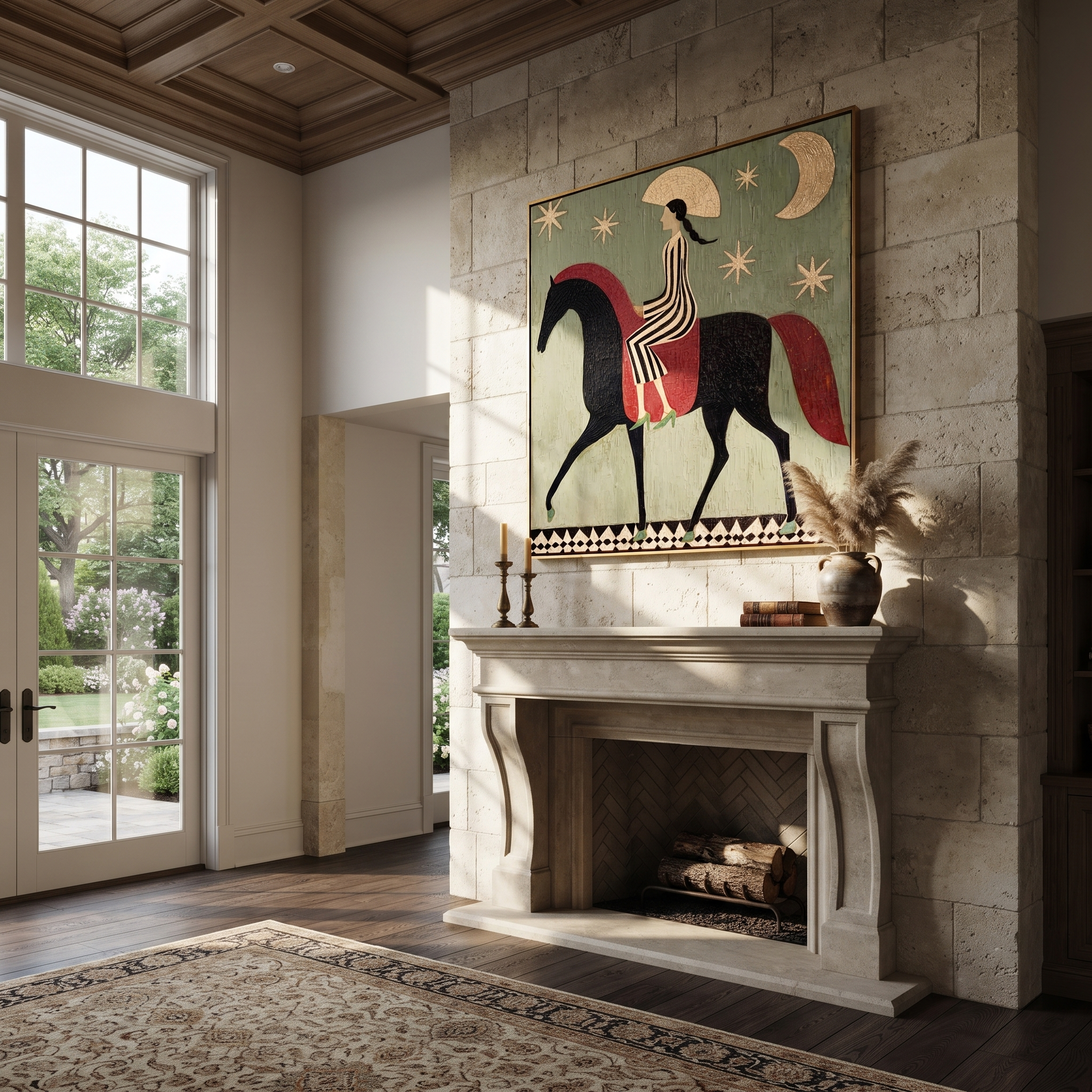 Sage Horizon Wait beneath the Stars - horse and rider painting by Isabelle Laurent, modern Western square wall art – styled room scene view 5