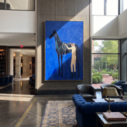Amber Trail Wait beneath the Stars - figure and horse painting by Isabelle Laurent, modern Western vertical wall art – styled room scene view 1