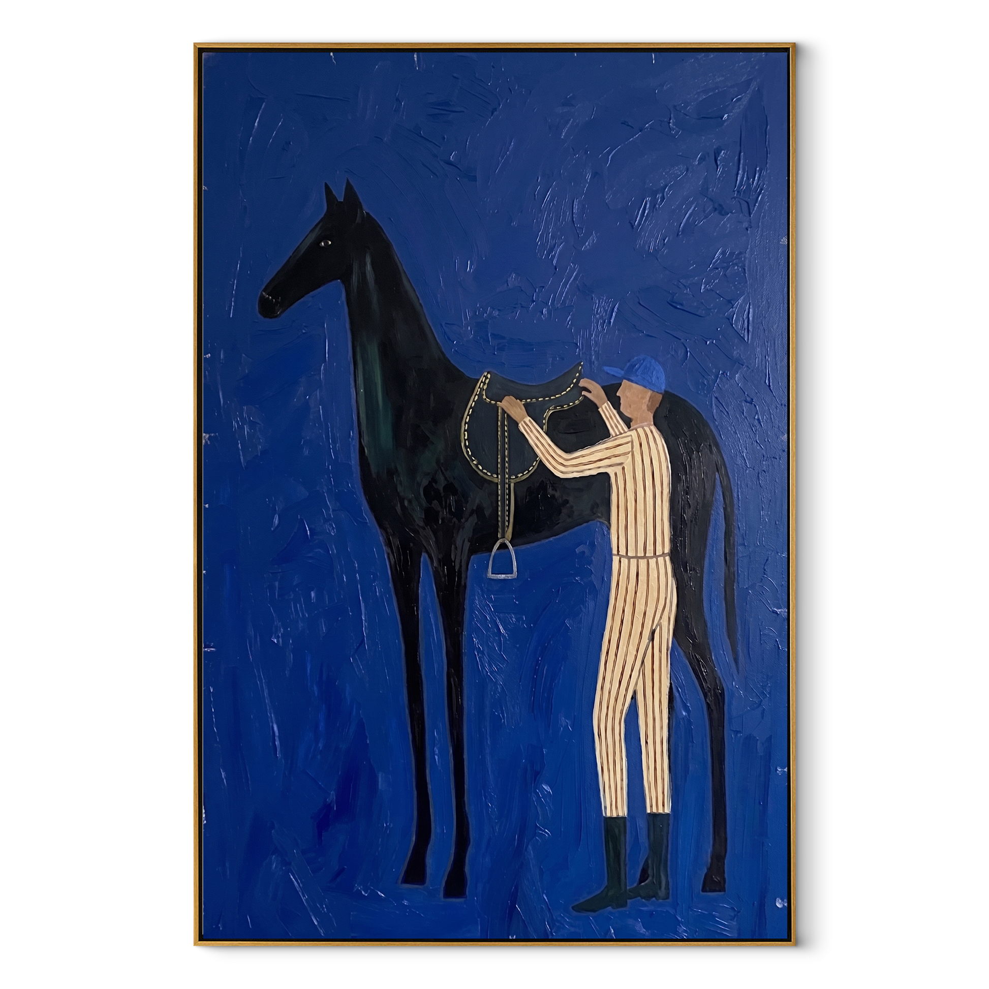 Amber Trail Wait beneath the Stars - figure and horse painting by Isabelle Laurent, modern Western vertical wall art – wood frame on white background