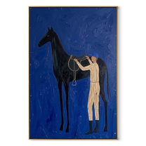 Amber Trail Wait beneath the Stars - figure and horse painting by Isabelle Laurent, modern Western vertical wall art – wood frame on white background