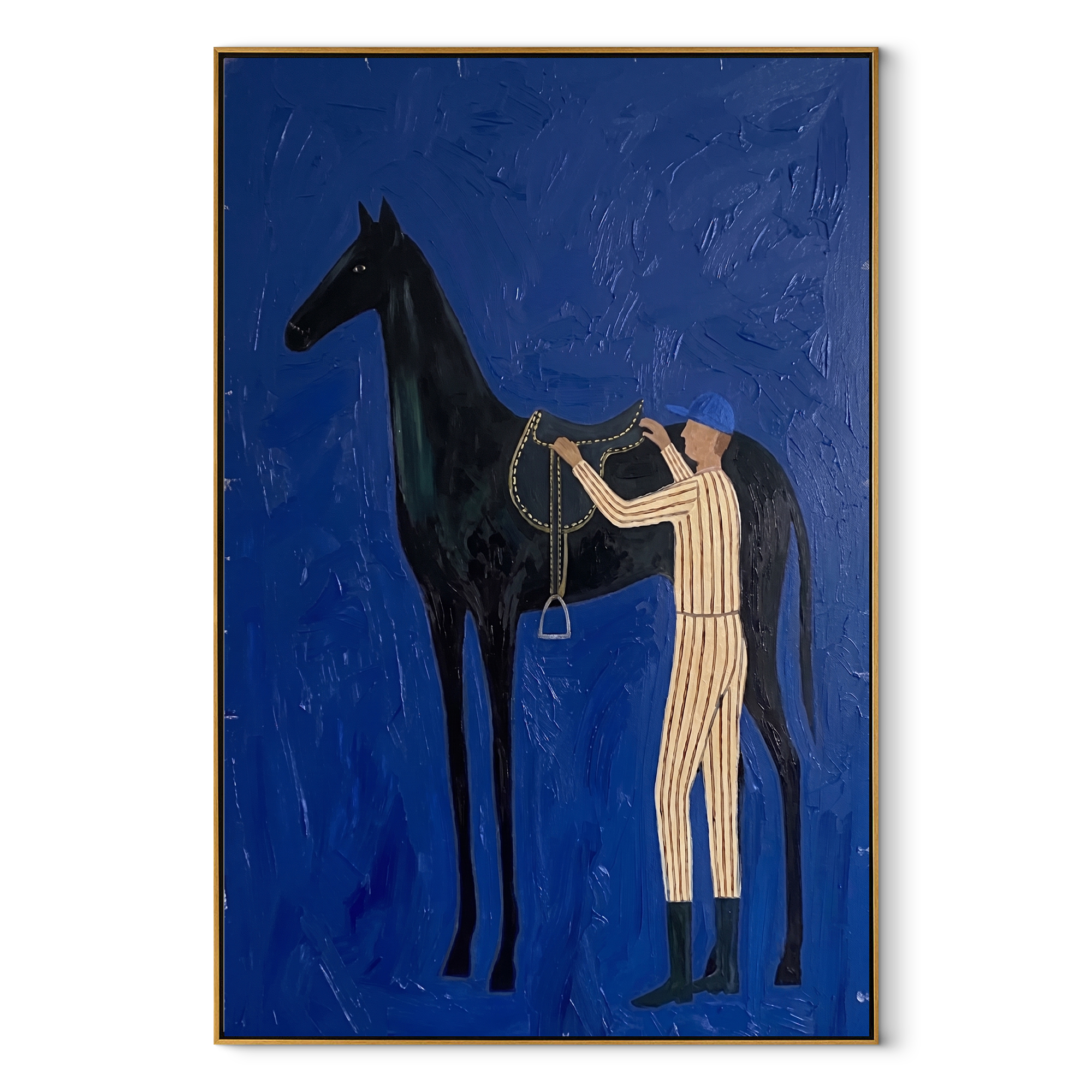 Amber Trail Wait beneath the Stars - figure and horse painting by Isabelle Laurent, modern Western vertical wall art – wood frame on white background