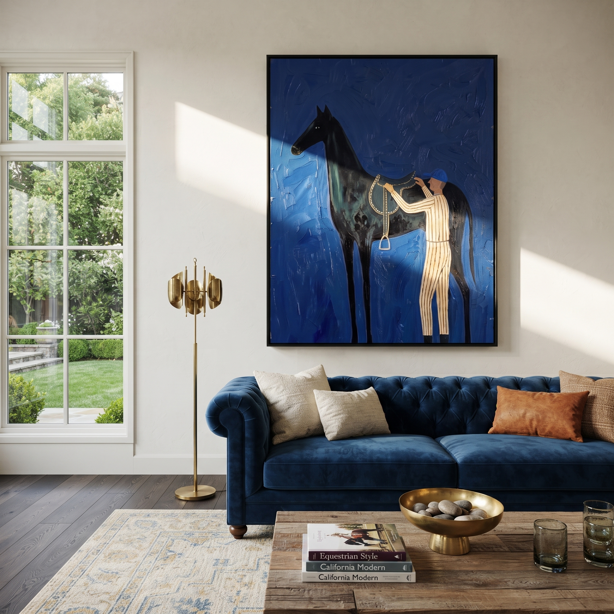 Amber Trail Wait beneath the Stars - figure and horse painting by Isabelle Laurent, modern Western vertical wall art – styled room scene view 2