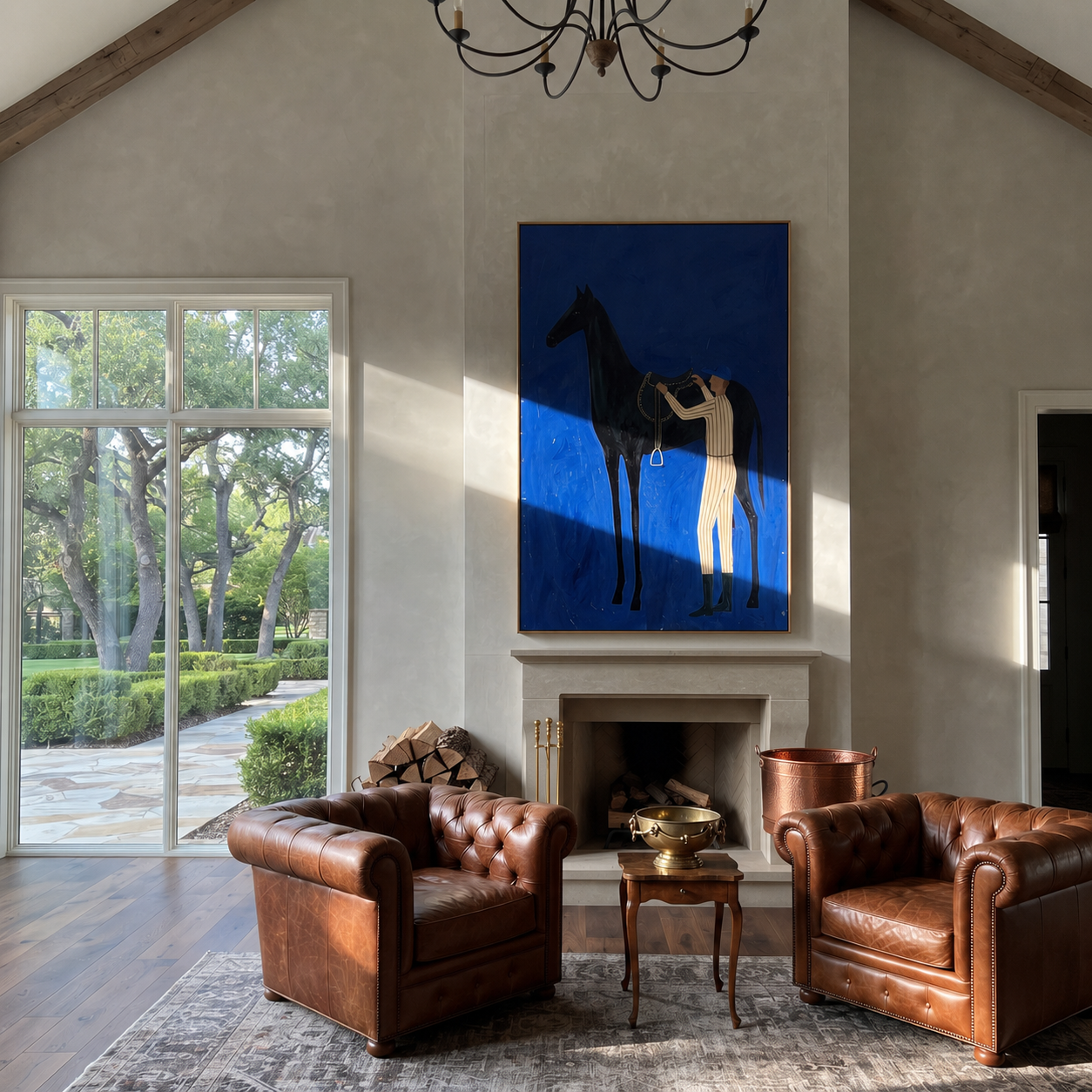 Amber Trail Wait beneath the Stars - figure and horse painting by Isabelle Laurent, modern Western vertical wall art – styled room scene view 3
