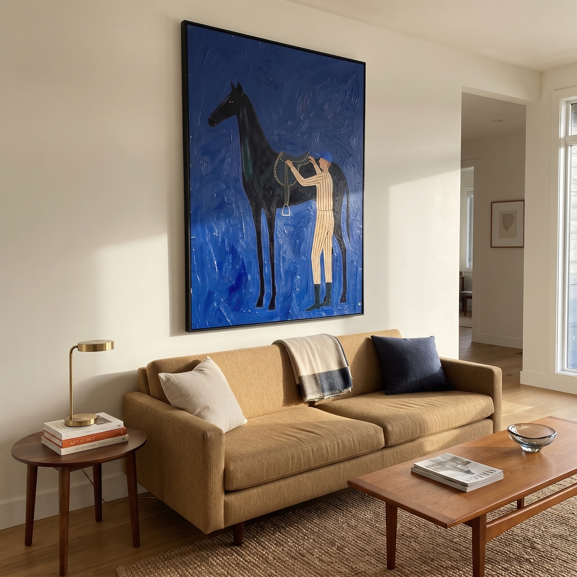 Amber Trail Wait beneath the Stars - figure and horse painting by Isabelle Laurent, modern Western vertical wall art – styled room scene view 4