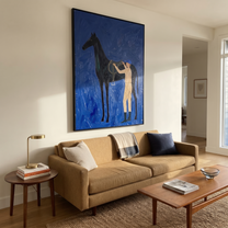 Amber Trail Wait beneath the Stars - figure and horse painting by Isabelle Laurent, modern Western vertical wall art – styled room scene view 4